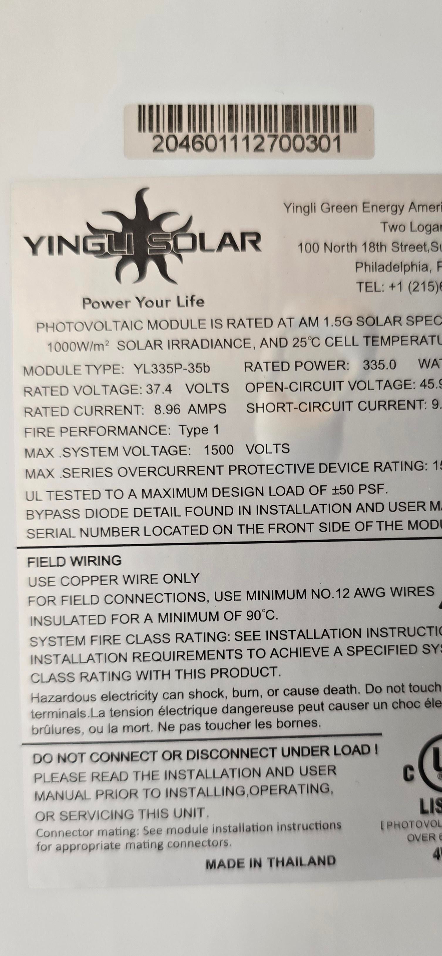 Yingli Solar 335W 72 Mono Cells Polycrystalline Solar Panel — image 3