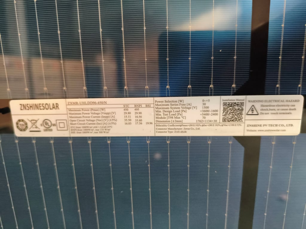 ZNShine 450W 96 N Type Mono Half Cut Cells Bifacial Solar Panel — image 4