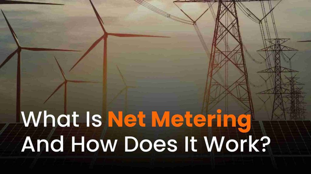 Illustration of net metering showing solar panels sending excess energy to the grid for credits.