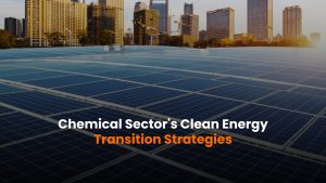 Energy transition in the chemical sector depicted by an industrial plant integrating solar panels and clean technologies.