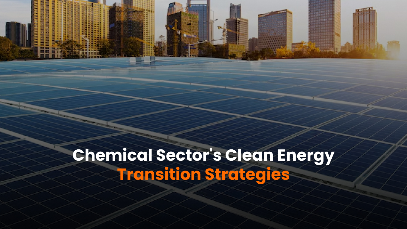 Energy transition in the chemical sector depicted by an industrial plant integrating solar panels and clean technologies.