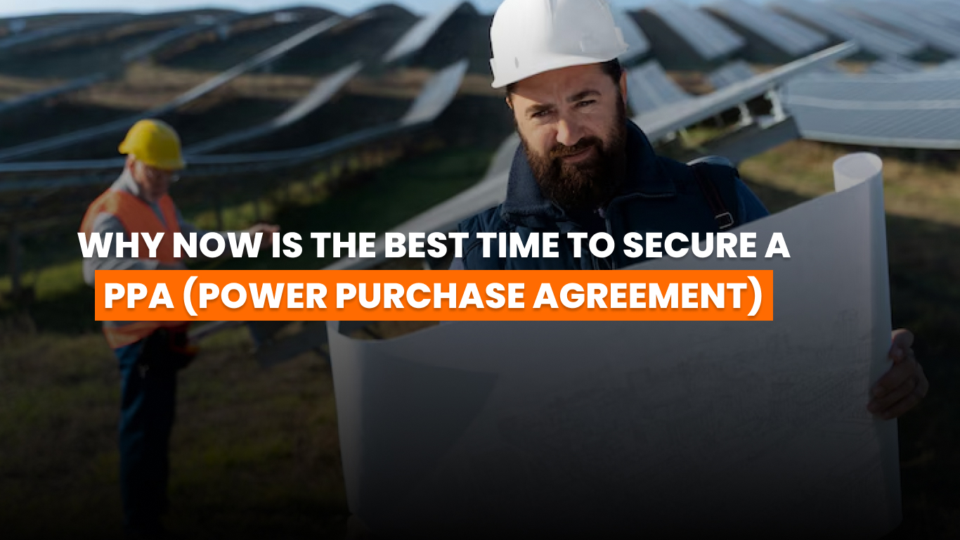 Power purchase agreement (PPA) concept: a technician installs rooftop solar panels at sunrise.