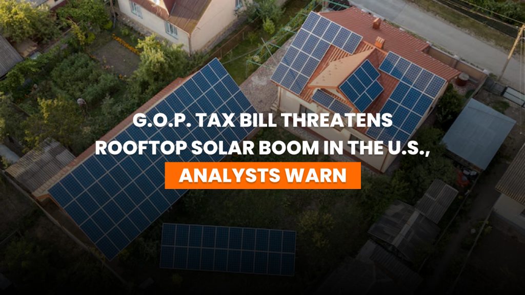 Rooftop solar panels on suburban homes under sunset with American flag in background