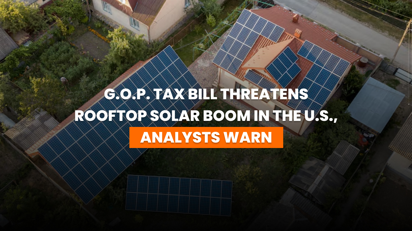 Rooftop solar panels on suburban homes under sunset with American flag in background