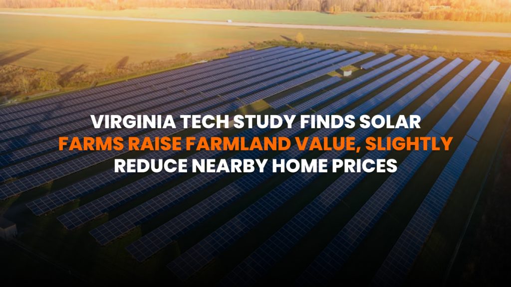 Solar farm bordering residential and farmland area under sunlight