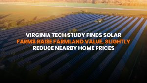 Solar farm bordering residential and farmland area under sunlight
