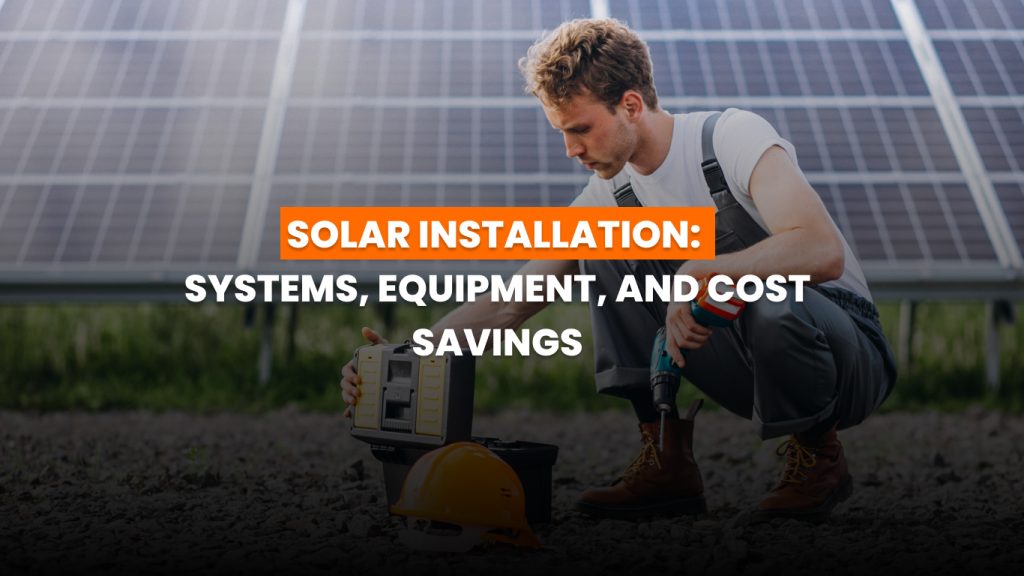 Solar installation with multiple solar panels on racks in a field generating renewable energy.