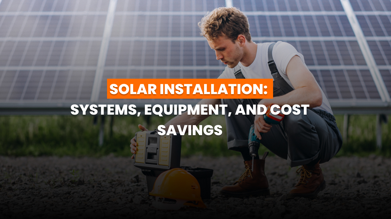 Solar installation with multiple solar panels on racks in a field generating renewable energy.
