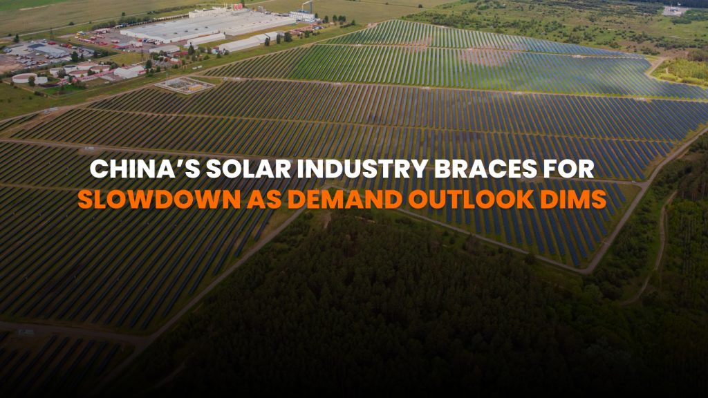 Rows of solar panels at a large industrial solar farm in China with smoggy skies