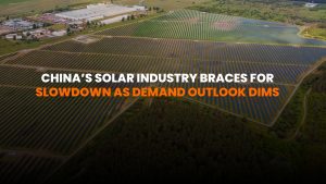 Rows of solar panels at a large industrial solar farm in China with smoggy skies
