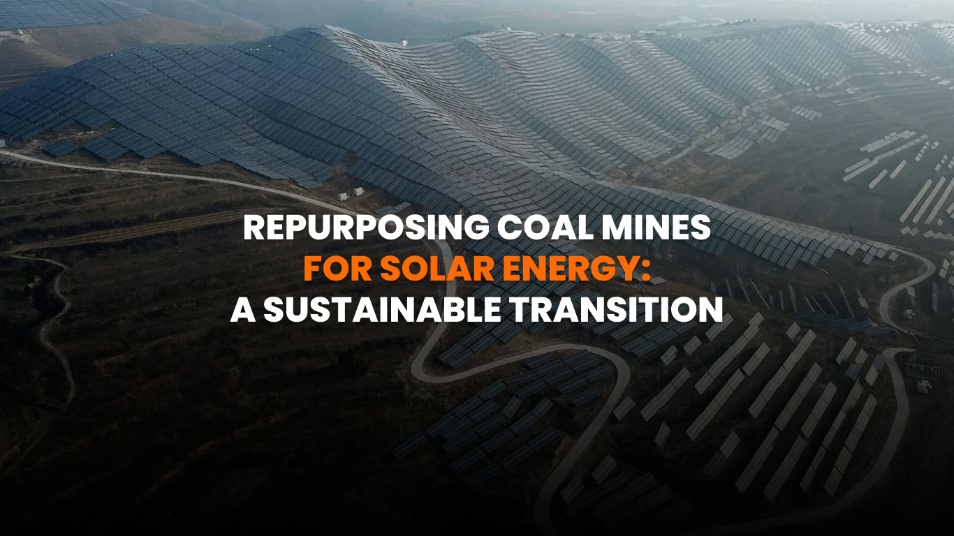 Solar panels installed over a reclaimed coal mine site with hilly terrain and blue skies
