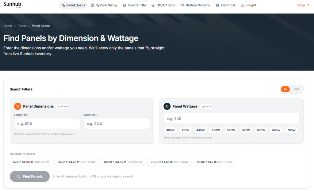 Find Panels by Dimension & Wattage - sunhub tools